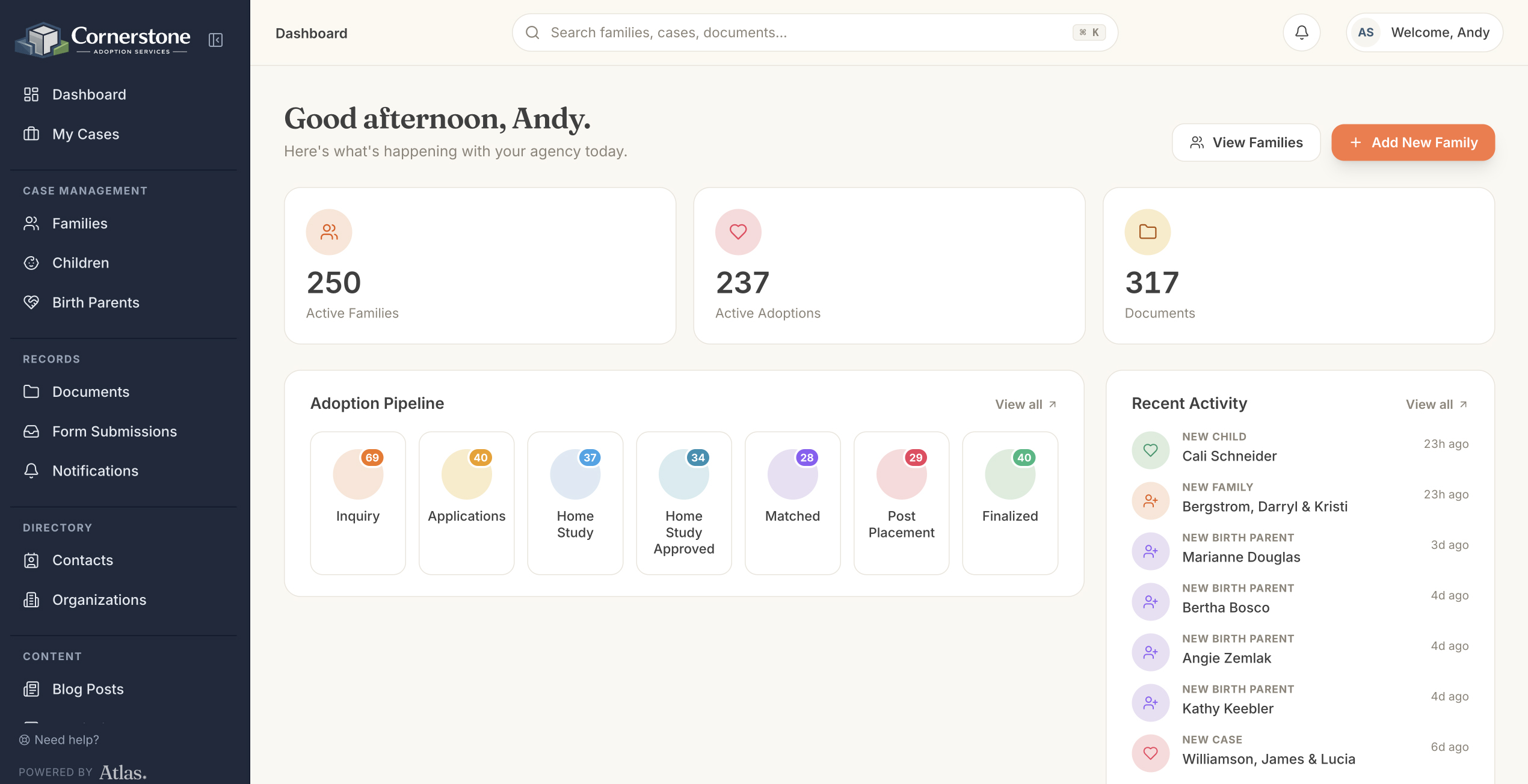 The Atlas dashboard: pipeline, tasks due, and recent activity for the whole agency